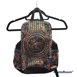 Black Embroidered Boho Backpack with Multicolor Medallion